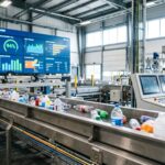 Moderno impianto di riciclo con schermi digitali che mostrano flussi di dati e statistiche ambientali.