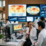 Schermate di dati climatici globali in un laboratorio di ricerca