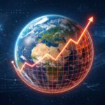 Rappresentazione concettuale del pianeta Terra con linee grafiche arancioni e rosse che mostrano un’accelerazione del riscaldamento globale su uno sfondo scientifico.