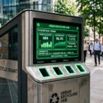 Dettaglio di un cassonetto intelligente con interfaccia digitale per il tracciamento dei rifiuti.