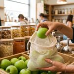 Dettaglio di spesa sostenibile con sacchetto a rete riutilizzabile per la frutta