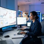 Scienziato che analizza grafici climatici e dati sulle temperature globali all’interno di un laboratorio di ricerca moderno.