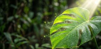Dettaglio macro di una foglia verde colpita da un raggio di sole, simbolo della fotosintesi clorofilliana