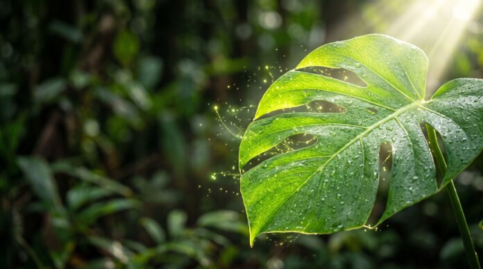 Dettaglio macro di una foglia verde colpita da un raggio di sole, simbolo della fotosintesi clorofilliana