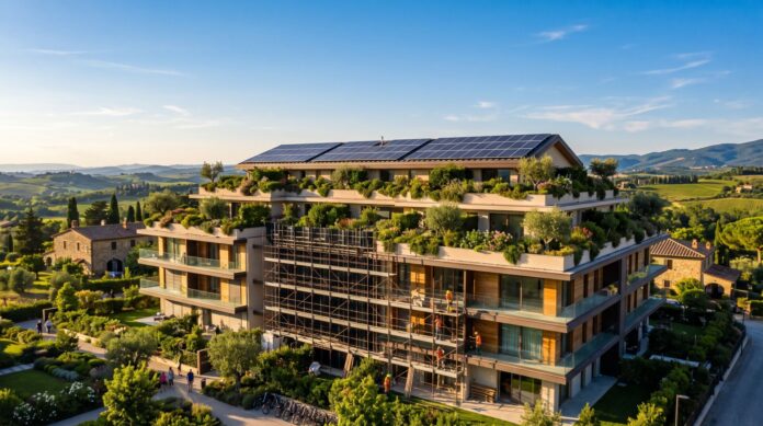 Edificio residenziale riqualificato con pannelli solari e verde verticale