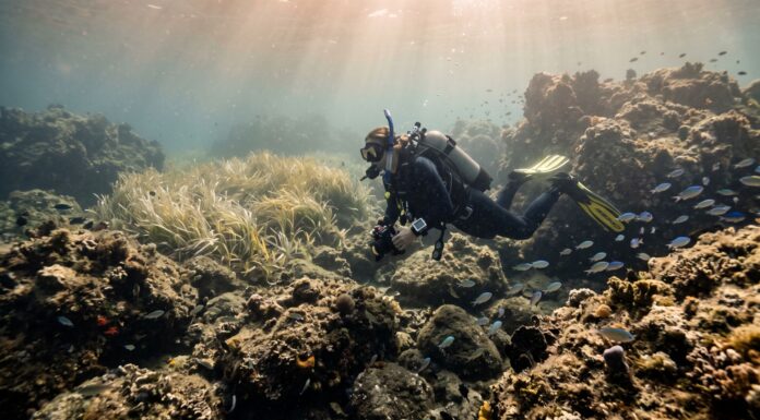 Sommozzatore esplora un fondale marino roccioso con praterie di Posidonia nel Mediterraneo.