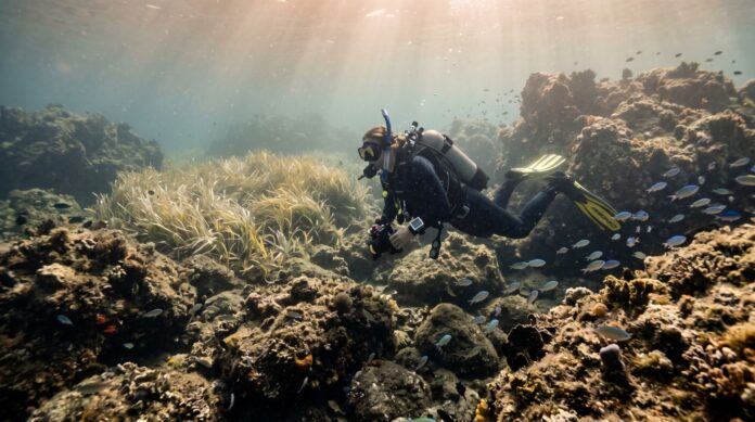Sommozzatore esplora un fondale marino roccioso con praterie di Posidonia nel Mediterraneo.