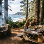 Area picnic in una pineta con tavolo in legno e contenitori riutilizzabili.