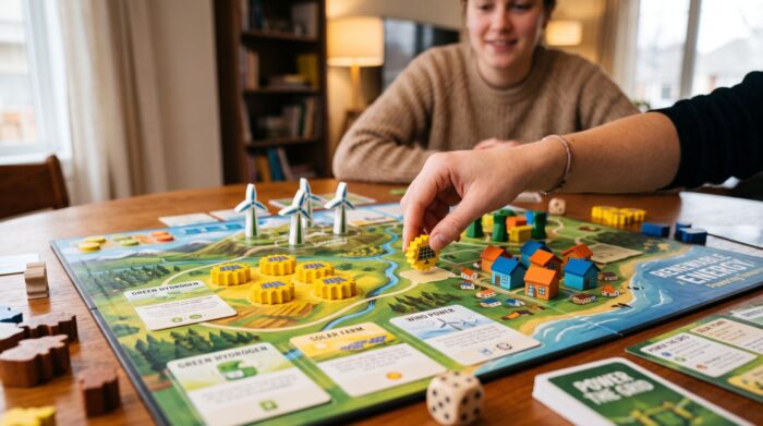Dettaglio di un gioco da tavolo sulle energie rinnovabili utilizzato per scopi divulgativi presso lo stand espositivo