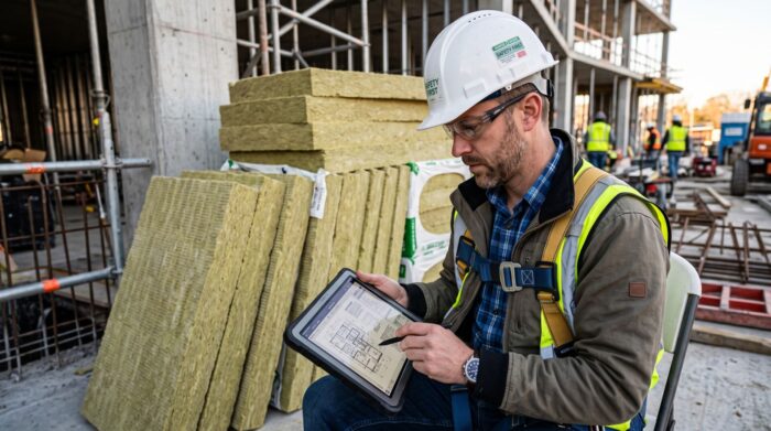 Architetto in cantiere consulta dati digitali su un tablet
