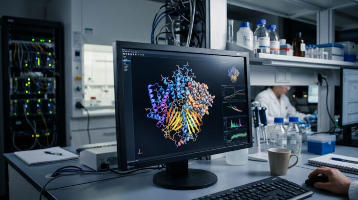 Monitor di un computer in un laboratorio di ricerca che mostra la struttura 3D di una molecola complessa