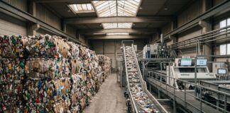 Balle di rifiuti in plastica stoccate all'interno di un impianto industriale di riciclo con macchinari di selezione sullo sfondo