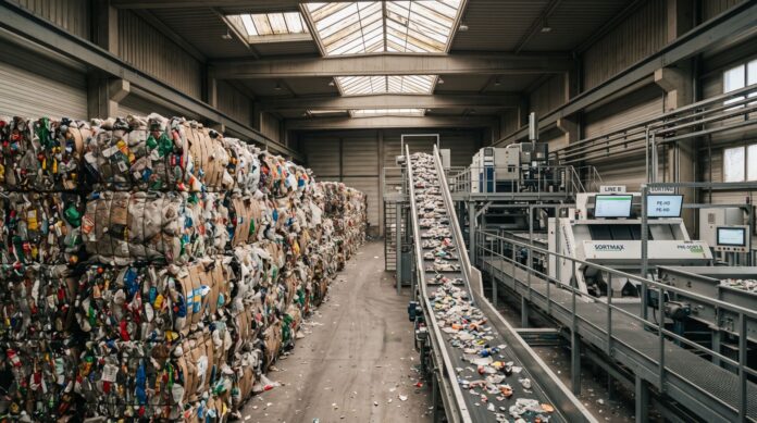 Balle di rifiuti in plastica stoccate all'interno di un impianto industriale di riciclo con macchinari di selezione sullo sfondo