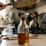 Bottiglia riempita con olio da cucina esausto filtrato tramite imbuto su ripiano domestico