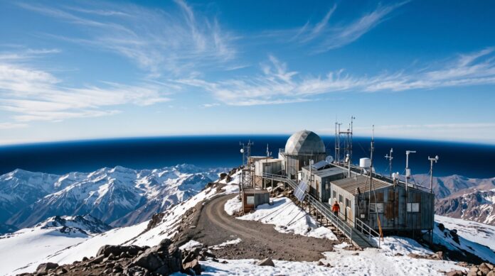 Stazione scientifica di monitoraggio atmosferico sotto un cielo terso a rappresentare la salvaguardia dello strato di ozono