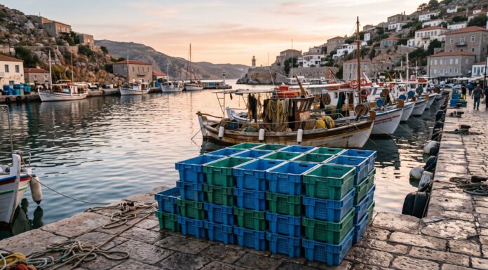 Addio al polistirolo nei porti: l’alternativa circolare delle cassette da pesca arriva a Bruxelles Pile di cassette riutilizzabili per il pescato sistemate sulla banchina di un porto mediterraneo accanto ai pescherecci.