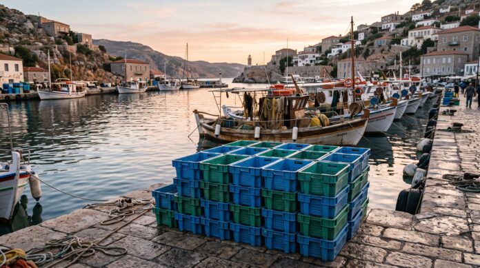 Pile di cassette riutilizzabili per il pescato sistemate sulla banchina di un porto mediterraneo accanto ai pescherecci. Pile di cassette riutilizzabili per il pescato sistemate sulla banchina di un porto mediterraneo accanto ai pescherecci.