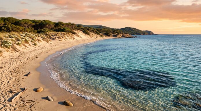 Giornata della Costa Mediterranea: custodi di un patrimonio fragile tra resilienza climatica ed economia circolare Splendida veduta aerea di una costa mediterranea con dune naturali e acque turchesi incontaminate.