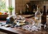 Dove lo butto? Il tranello del falso vetro tra ceramica, cristallo, specchi e pirex Frammenti di ceramica e bicchiere rotto su un piano cucina accanto a bottiglie di vetro per illustrare la raccolta differenziata
