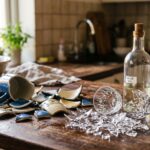 Frammenti di ceramica e bicchiere rotto su un piano cucina accanto a bottiglie di vetro per illustrare la raccolta differenziata