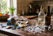 Dove lo butto? Il tranello del falso vetro tra ceramica, cristallo, specchi e pirex Frammenti di ceramica e bicchiere rotto su un piano cucina accanto a bottiglie di vetro per illustrare la raccolta differenziata