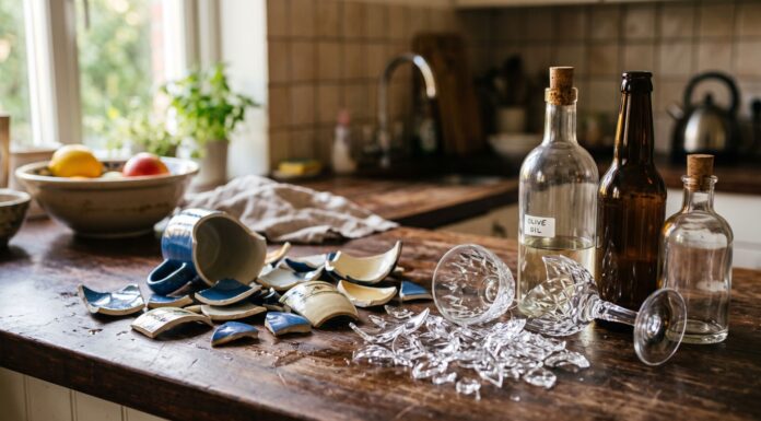 Dove lo butto? Il tranello del falso vetro tra ceramica, cristallo, specchi e pirex Frammenti di ceramica e bicchiere rotto su un piano cucina accanto a bottiglie di vetro per illustrare la raccolta differenziata