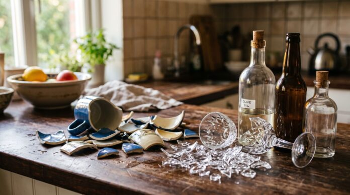 Frammenti di ceramica e bicchiere rotto su un piano cucina accanto a bottiglie di vetro per illustrare la raccolta differenziata Frammenti di ceramica e bicchiere rotto su un piano cucina accanto a bottiglie di vetro per illustrare la raccolta differenziata