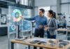 Professionisti che analizzano dati di sostenibilit&agrave; e progettazione ecologica su schermi digitali in un contesto industriale moderno.