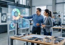 Professionisti che analizzano dati di sostenibilit&agrave; e progettazione ecologica su schermi digitali in un contesto industriale moderno.