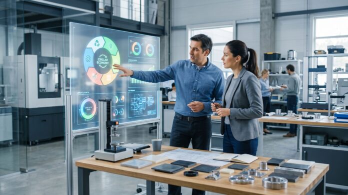 Professionisti che analizzano dati di sostenibilità e progettazione ecologica su schermi digitali in un contesto industriale moderno. Professionisti che analizzano dati di sostenibilità e progettazione ecologica su schermi digitali in un contesto industriale moderno.