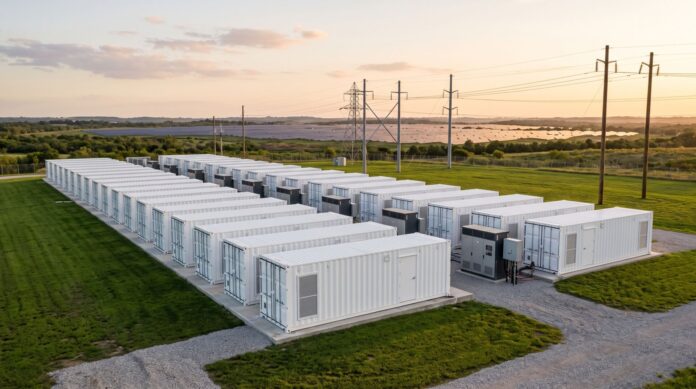 Impianto industriale di sistemi di accumulo energetico a batteria immerso nel verde Impianto industriale di sistemi di accumulo energetico a batteria immerso nel verde