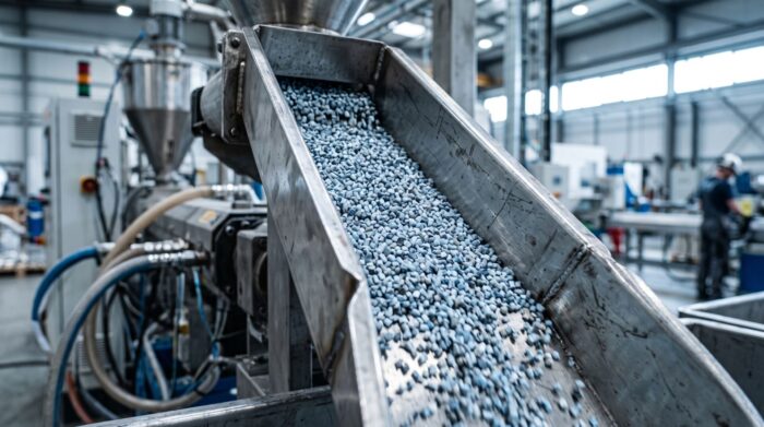 Granuli di plastica riciclata ad alta purezza che scendono dal condotto di un estrusore industriale