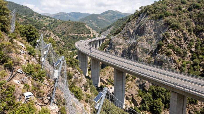 Viadotto autostradale italiano protetto da reti paramassi e sistemi geotecnici contro il dissesto idrogeologico