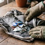 Mani con guanti che avvolgono frammenti taglienti di ceramica e specchio in carta di giornale prima dello smaltimento