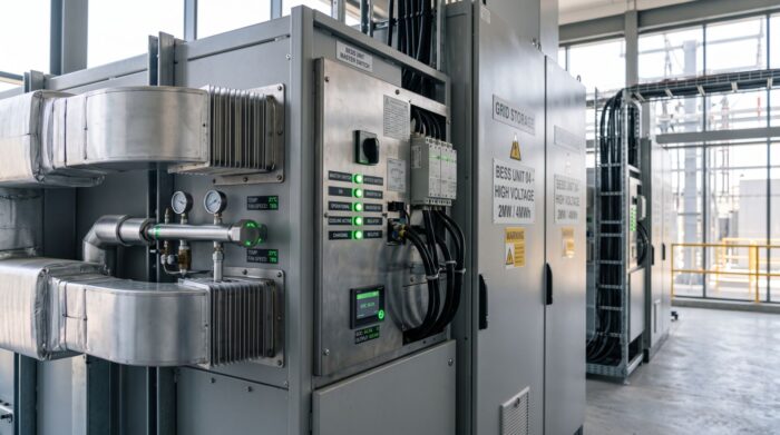 Dettaglio di apparecchiature tecnologiche per lo stoccaggio e la trasmissione di energia pulita