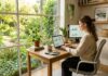 Postazione di lavoro agile in casa illuminata dalla luce naturale con vista sul verde di un giardino