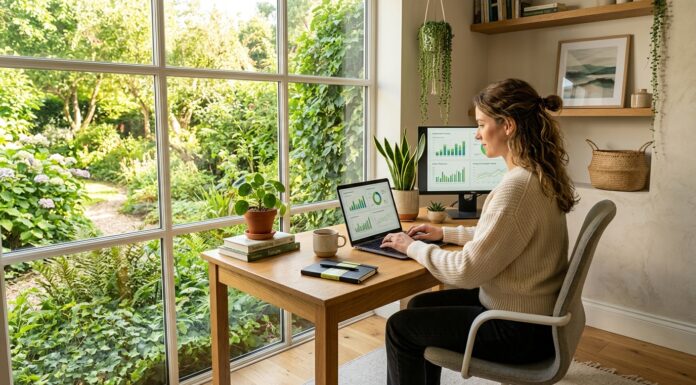 Postazione di lavoro agile in casa illuminata dalla luce naturale con vista sul verde di un giardino