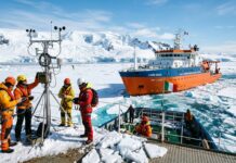 Nave da ricerca scientifica polare tra i ghiacci con ricercatori impegnati in attività di campionamento
