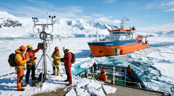 Nave da ricerca scientifica polare tra i ghiacci con ricercatori impegnati in attivit&agrave; di campionamento
