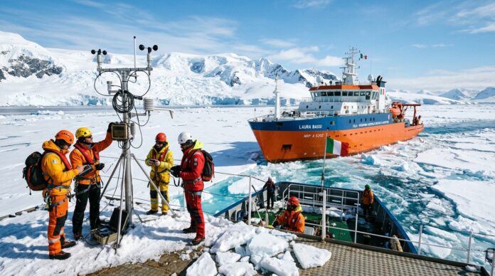 Nave da ricerca scientifica polare tra i ghiacci con ricercatori impegnati in attivit&agrave; di campionamento