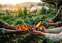 Giornata Mondiale dell’Alimentazione: ripensare la tavola per nutrire il pianeta e rigenerare il futuro Contadini che raccolgono ortaggi biologici freschi su una terra sana e fertile