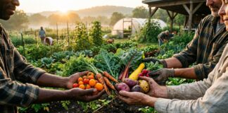 Contadini che raccolgono ortaggi biologici freschi su una terra sana e fertile