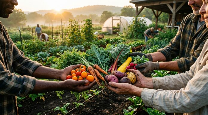 Contadini che raccolgono ortaggi biologici freschi su una terra sana e fertile Contadini che raccolgono ortaggi biologici freschi su una terra sana e fertile