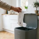 Mano che tiene uno scontrino fiscale cartaceo sopra il cestino dei rifiuti in cucina