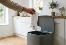 Dove lo butto? Il tranello dello scontrino fiscale e la chimica nascosta della carta termica Mano che tiene uno scontrino fiscale cartaceo sopra il cestino dei rifiuti in cucina