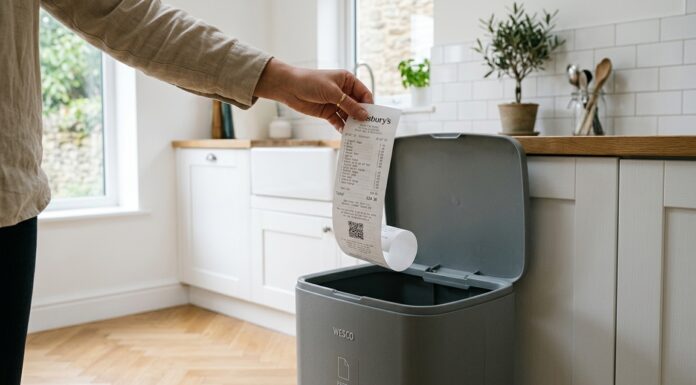 Mano che tiene uno scontrino fiscale cartaceo sopra il cestino dei rifiuti in cucina