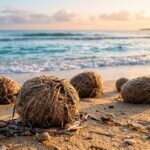 Egagropili di Posidonia oceanica adagiate sulla sabbia bagnata di una spiaggia mediterranea al mattino