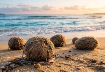 La Posidonia custode del mare: oltre un terzo delle egagropili intrappola plastica lungo le coste italiane Egagropili di Posidonia oceanica adagiate sulla sabbia bagnata di una spiaggia mediterranea al mattino