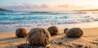 Egagropili di Posidonia oceanica adagiate sulla sabbia bagnata di una spiaggia mediterranea al mattino