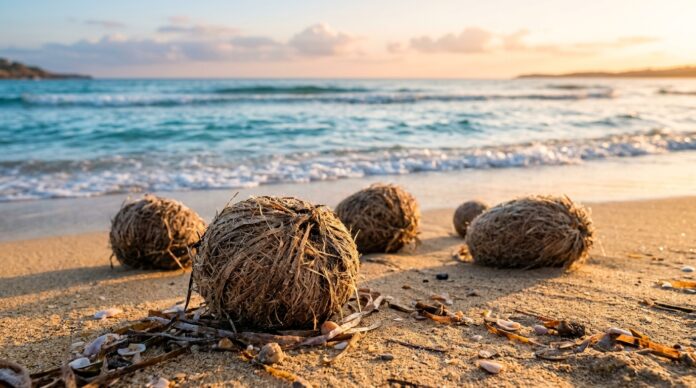 Egagropili di Posidonia oceanica adagiate sulla sabbia bagnata di una spiaggia mediterranea al mattino Egagropili di Posidonia oceanica adagiate sulla sabbia bagnata di una spiaggia mediterranea al mattino